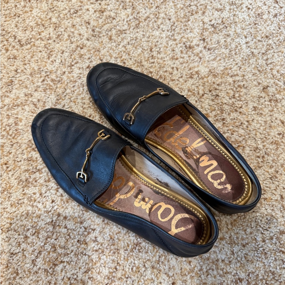 Sam Edelman Black Leather Loafers with Gold Accents